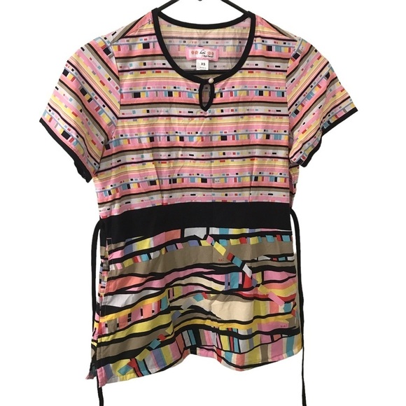 Koi light pink yellow blue geometric pixel print scrub stop size XS - Picture 1 of 9